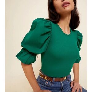 Nation LTD Kenzie Flounce Tee Top Emerald Green Pima Cotton V Neck Shirt Sz XS